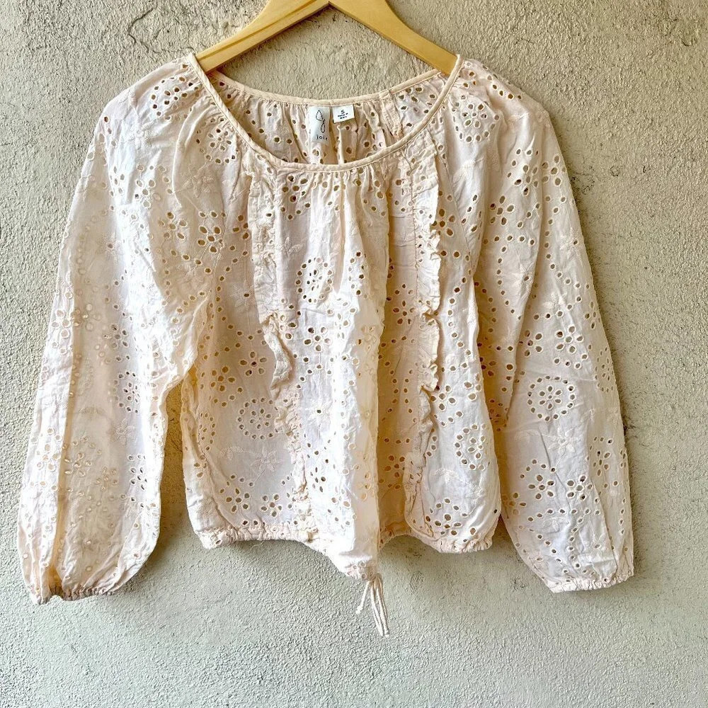 Joie Floral Embroidered Eyelet Ruffle Blouse Cinch Waist Top Small